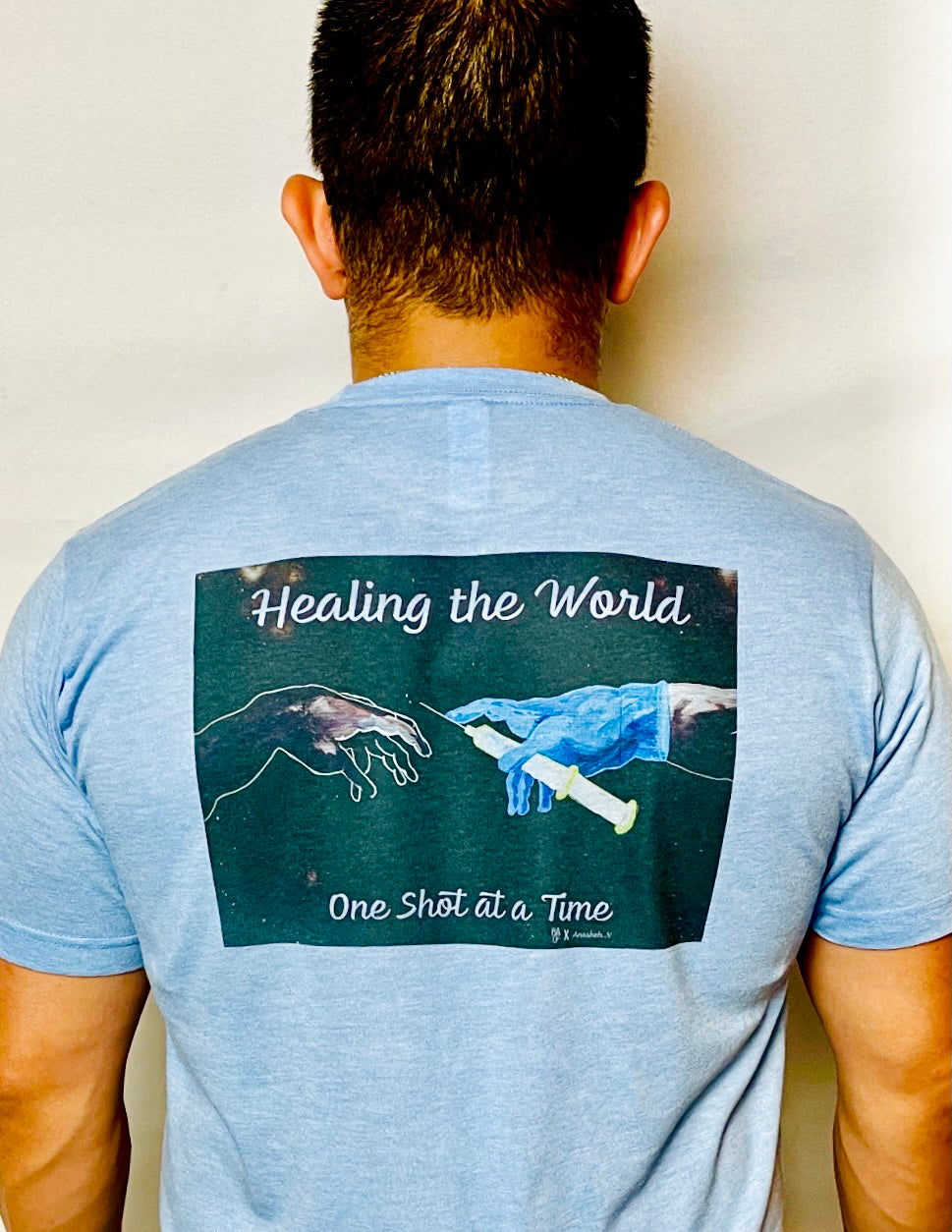 HEALING THE WORLD SHIRT UNISEX - HEATHER BLUE